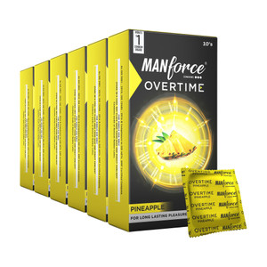 manforce overtime pineapple flavoured 3-in-1 ribbed condoms for men- 10 pcs x pack of 6 condom set of 6 60 sheets