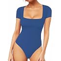 MANGOPOP Women's Square Neck Bodysuit Shirt Long Sleeve Short Sleeve Tops