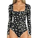 MANGOPOP Women's Square Neck Bodysuit Shirt Long Sleeve Short Sleeve Tops