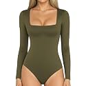 MANGOPOP Women's Square Neck Bodysuit Shirt Long Sleeve Short Sleeve Tops