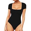 MANGOPOP Women's Square Neck Bodysuit Shirt Long Sleeve Short Sleeve Tops