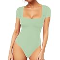 MANGOPOP Women's Square Neck Bodysuit Shirt Long Sleeve Short Sleeve Tops