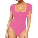 MANGOPOP Women's Square Neck Bodysuit Shirt Long Sleeve Short Sleeve Tops