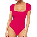 MANGOPOP Women's Square Neck Bodysuit Shirt Long Sleeve Short Sleeve Tops