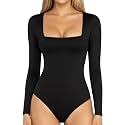 MANGOPOP Women's Square Neck Bodysuit Shirt Long Sleeve Short Sleeve Tops