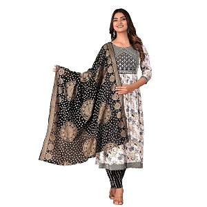 MANHAREE Womens Rayon Printed Embroidered Anarkali