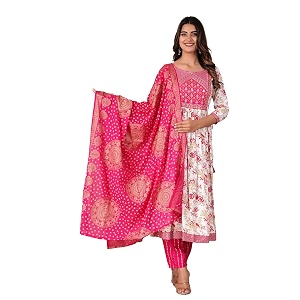 MANHAREE Womens Rayon Printed Embroidered Anarkali