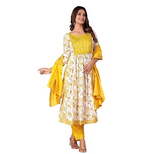 MANHAREE Womens Rayon Printed Embroidered Anarkali