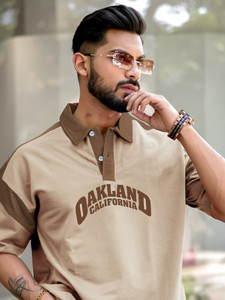 MANIAC Printed Men Polo Neck Beige T-Shirt