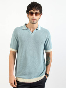 MANIAC Self Design Men Polo Neck Blue