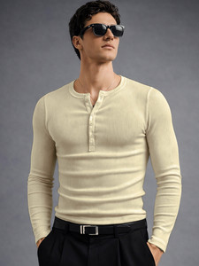 MANIAC Solid Men Henley Neck Beige T-Shirt