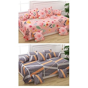 maniqatex 5d printed polycotton 8 piece diwan set combo -2 diwan bedsheet 10 cushion covers 4 bolster covers multicolor