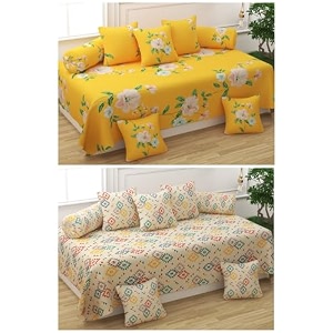 5d printed polycotton 8 piece diwan set combo -2 diwan bedsheet 10 cushion covers 4 bolster covers multicolor