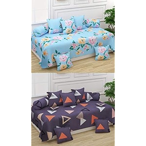 maniqatex 5d printed polycotton 8 piece diwan set combo -2 diwan bedsheet 10 cushion covers 4 bolster covers multicolor
