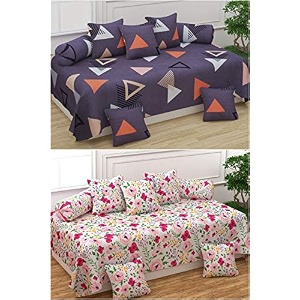 5d printed polycotton 8 piece diwan set combo -2 diwan bedsheet 10 cushion covers 4 bolster covers multicolor