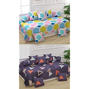 5d printed polycotton 8 piece diwan set combo -2 diwan bedsheet 10 cushion covers 4 bolster covers multicolor