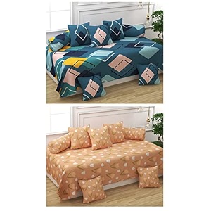 maniqatex 5d printed polycotton 8 piece diwan set combo -2 diwan bedsheet 10 cushion covers 4 bolster covers multicolor