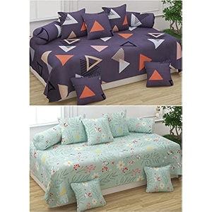 5d printed polycotton 8 piece diwan set combo -2 diwan bedsheet 10 cushion covers 4 bolster covers medium  multicolor