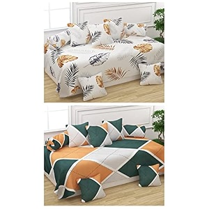 maniqatex 5d printed polycotton 8 piece diwan set combo -2 diwan bedsheet 10 cushion covers 4 bolster covers multicolor