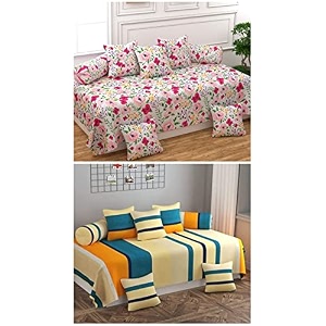 5d printed polycotton 8 piece diwan set combo -2 diwan bedsheet 10 cushion covers 4 bolster covers multicolor