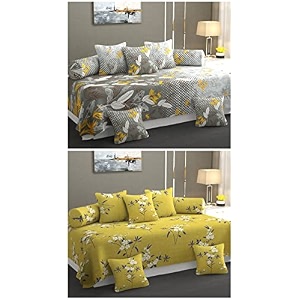 maniqatex 5d printed polycotton 8 piece diwan set combo -2 diwan bedsheet 10 cushion covers 4 bolster covers multicolor