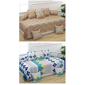 maniqatex 5d printed polycotton 8 piece diwan set combo -2 diwan bedsheet 10 cushion covers 4 bolster covers multicolor