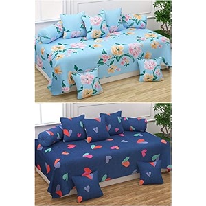 maniqatex 5d printed polycotton diwan set - 2 diwan bedsheet 10 cushion covers 4 bolster covers multicolor - medium - 8 piece