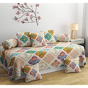 maniqatex diwan set 8 pieces cotton printed standard diwan set 1 single bedsheet 2 bolster covers 5 cushion covers multi colour 3