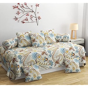 diwan set 8 pieces cotton printed standard diwan set 1 single bedsheet 2 bolster covers 5 cushion covers multi colour 3