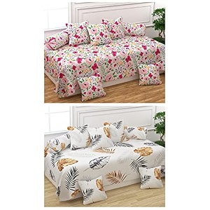 maniqatex polycotton 5d printed 8 piece diwan set combo - multicolour 2 diwan bedsheet- 225 cm x 150 cm 10 cushion covers - 40 cm x 40 cm  4 bolster covers - 41 cm x 81 cm