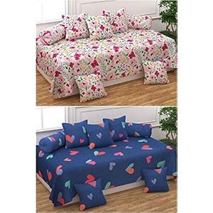 polycotton 5d printed 8 piece diwan set combo - multicolour 2 diwan bedsheet- 225 cm x 150 cm 10 cushion covers - 40 cm x 40 cm  4 bolster covers - 41 cm x 81 cm