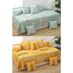 maniqatex polycotton 5d printed 8 piece diwan set combo - multicolour 2 diwan bedsheet- 225 cm x 150 cm 10 cushion covers - 40 cm x 40 cm  4 bolster covers - 41 cm x 81 cm