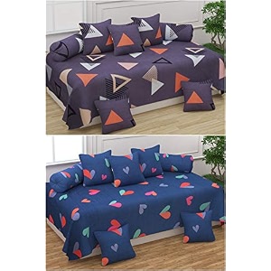 polycotton 5d printed diwan set - 2 diwan bedsheet 10 cushion covers 4 bolster covers - multicolor medium - 8 piece