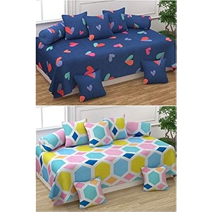 polycotton 5d printed medium 8 piece diwan set combo - multicolour 2 diwan bedsheet 10 cushion covers 4 bolster covers
