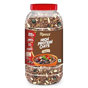 manna high protein oats chocolate 26g protein amp 11g fibre per 100g plant protein with soy amp brown rice isolate raisins almonds pumpkin amp watermelon seedssweetened with jaggery 1kg jar