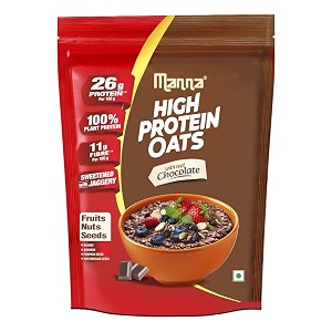 manna high protein oats chocolate 26g protein amp 11g fibre per 100g plant protein with soy amp brown rice isolate raisins almonds pumpkin amp watermelon seedssweetened with jaggery 1kg pouch