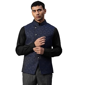MANQ Men Fawn Woven Jaquard Silk Nehru