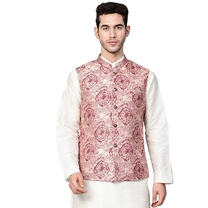 MANQ Men Fawn Woven Jaquard Silk Nehru