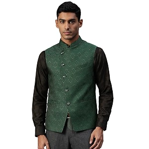 MANQ Men Fawn Woven Jaquard Silk Nehru