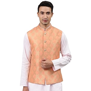 MANQ Men Fawn Woven Jaquard Silk Nehru