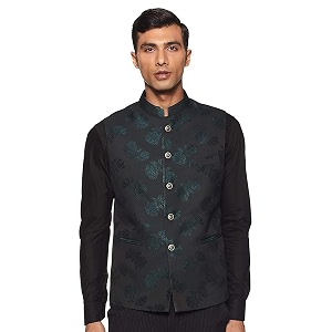 MANQ Men Fawn Woven Jaquard Silk Nehru