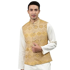 MANQ Men Fawn Woven Jaquard Silk Nehru