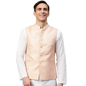 MANQ Men Fawn Woven Jaquard Silk Nehru