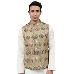 MANQ Men Fawn Woven Jaquard Silk Nehru