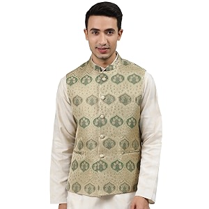 MANQ Men Fawn Woven Jaquard Silk Nehru