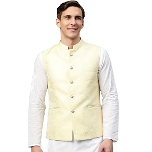MANQ Men Fawn Woven Jaquard Silk Nehru