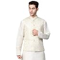 MANQ Men Cream Woven Jaquard Silk Nehru