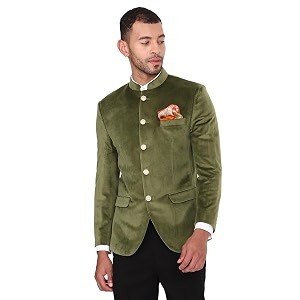 MANQ Men Slim Fit Bandhgala Velvet Blazer