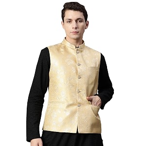 MANQ Men Woven Jaquard Silk Nehru Jacket