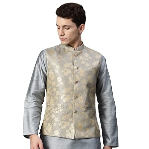 MANQ Men Woven Jaquard Silk Nehru Jacket